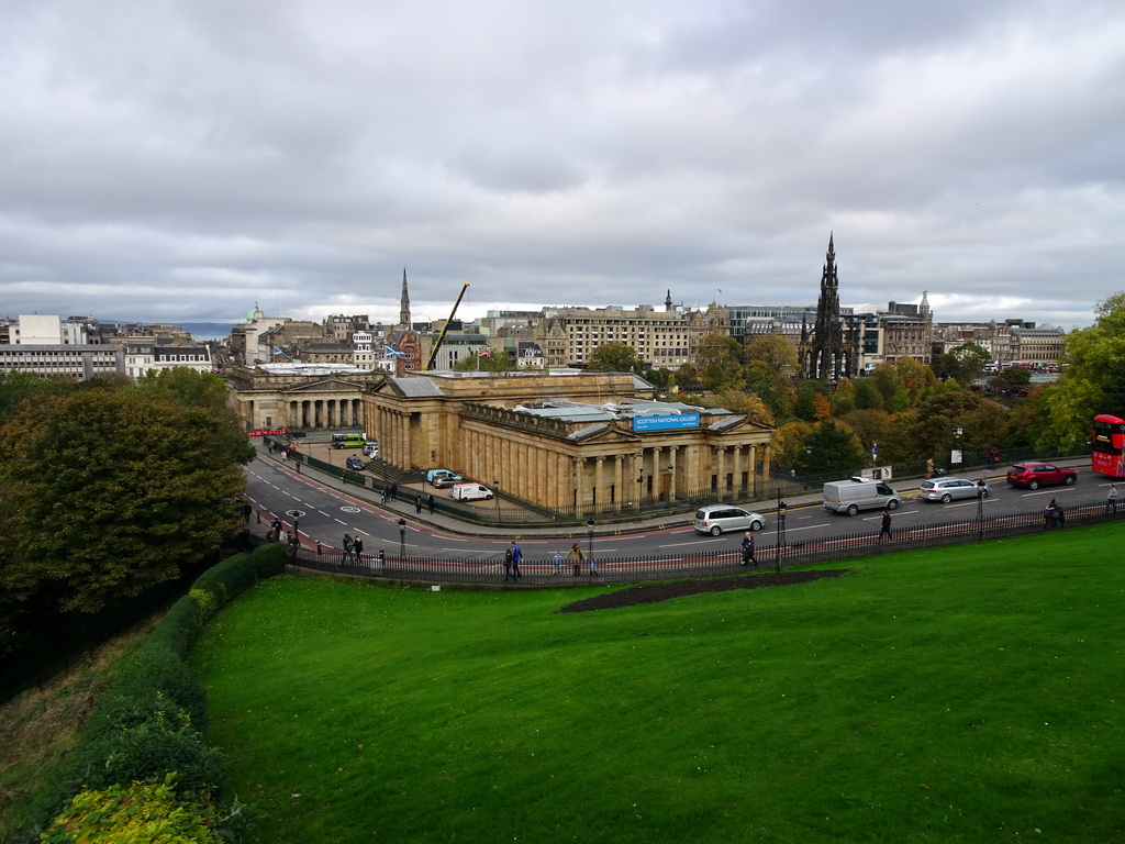 Princes Street Gardens, the National Gallery of Scotland, the New Town and the Scott Monument, viewed from Mound Place