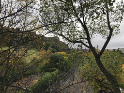 The Princes Street Gardens, the railway and Edinburgh Castle, viewed from the Mound