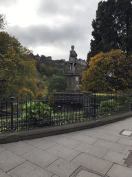 Statue of Allan Ramsay, the Princes Street Gardens and Edinburgh Castle, viewed from the Princes Street