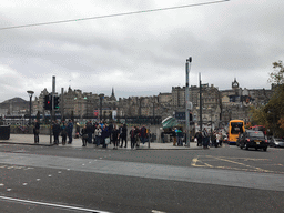 Princes Street, the Edinburgh Waverley railway station and the Old Town with the tower of St. Giles` Cathedral