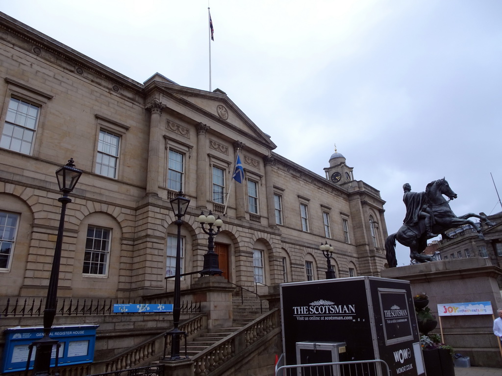 Front of the General Register House of the National Archives of Scotland and the equestrian statue of the Duke of Wellington at Princes Street