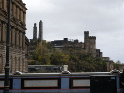 Calton Hill with the Nelson Monument and the Old Calton Burial Ground with the Political Martyrs` Monument, viewed from North Bridge