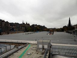 The Edinburgh Waverley railway station, the Old Town with the Hub and the Lloyds Banking Group Head Office, Edinburgh Castle, the Princes Street Gardens and the Scott Monument, viewed from North Bridge