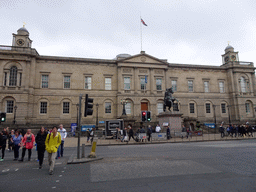 Front of the General Register House of the National Archives of Scotland and the equestrian statue of the Duke of Wellington at Princes Street