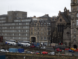 Jeffrey Street with the Jurys Inn Edinburgh Hotel and the Old St Paul`s Scottish Episcopal Church, viewed from North Bridge