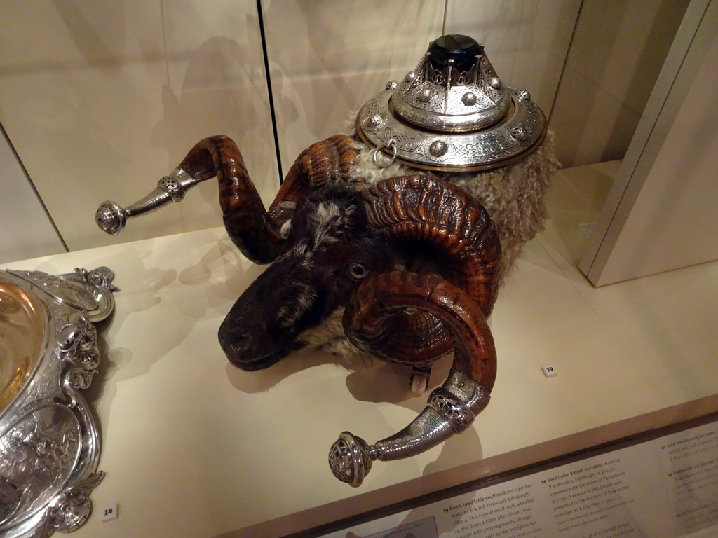 Ram`s head table snuff mull and cigar box, at the Industry and Empire Hall at the Fifth Floor of the National Museum of Scotland, with explanation