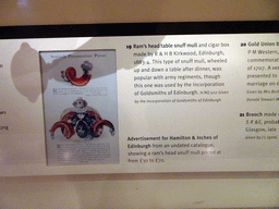 Explanation on the Ram`s head table snuff mull and cigar box, at the Industry and Empire Hall at the Fifth Floor of the National Museum of Scotland