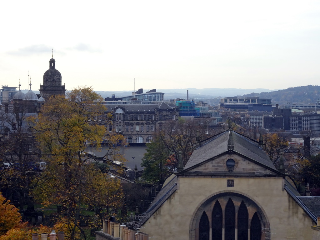 The Greyfriars Kirk church and George Heriot`s School, viewed from the Roof Terrace Garden on the Seventh Floor of the National Museum of Scotland