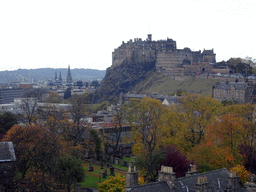 St. Mary`s Cathedral and Edinburgh Castle, viewed from the Roof Terrace Garden on the Seventh Floor of the National Museum of Scotland