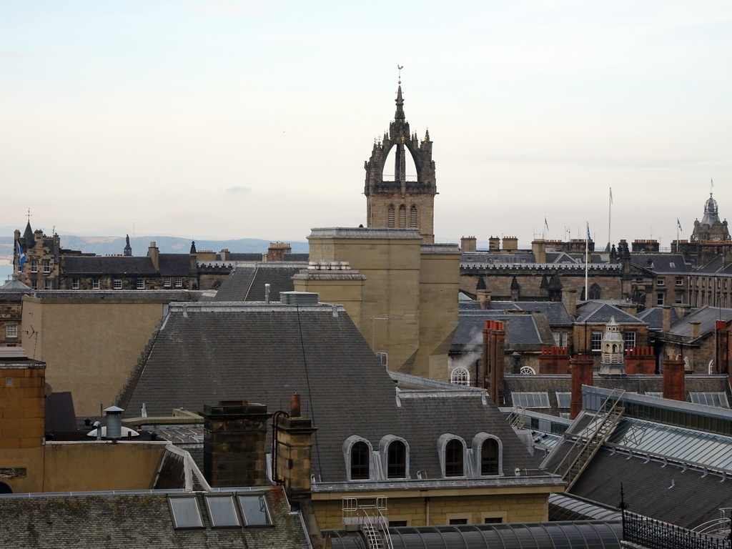 The tower of St. Giles` Cathedral, viewed from the Roof Terrace Garden on the Seventh Floor of the National Museum of Scotland