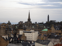 The Tron Kirk church and Calton Hill with the Dugald Stewart Monument, the Nelson Monument and the National Munument of Scotland, viewed from the Roof Terrace Garden on the Seventh Floor of the National Museum of Scotland