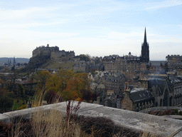 St. Mary`s Cathedral, Edinburgh Castle and the Hub, viewed from the Roof Terrace Garden on the Seventh Floor of the National Museum of Scotland