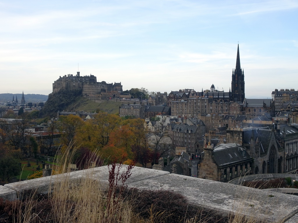 St. Mary`s Cathedral, Edinburgh Castle and the Hub, viewed from the Roof Terrace Garden on the Seventh Floor of the National Museum of Scotland