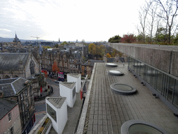 The Greyfriars Kirk church and the tower of the Edinburgh Royal Infirmary, viewed from the Roof Terrace Garden on the Seventh Floor of the National Museum of Scotland