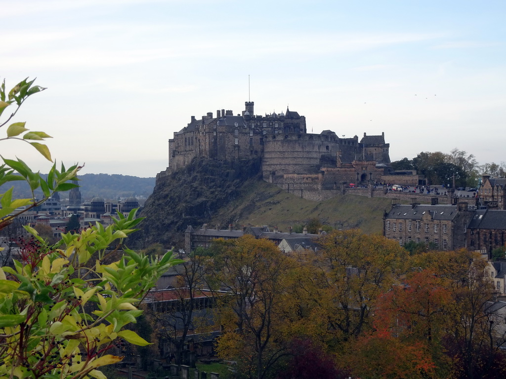 St. Mary`s Cathedral and Edinburgh Castle, viewed from the Roof Terrace Garden on the Seventh Floor of the National Museum of Scotland