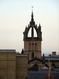 The tower of St. Giles` Cathedral, viewed from the Roof Terrace Garden on the Seventh Floor of the National Museum of Scotland