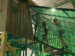 Max on a rope bridge at the indoor playground at the Landal Coldenhove holiday park