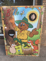 Max with a cardboard of mascot Bollo at the Landal Coldenhove holiday park