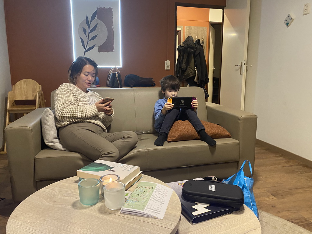 Miaomiao and Max playing on the Nintendo Switch in the living room of our holiday home at the Landal Coldenhove holiday park