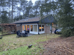 Miaomiao in our holiday home at the Landal Coldenhove holiday park, viewed from outside