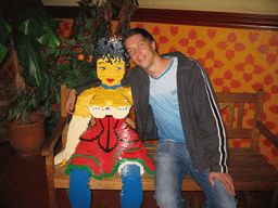 Tim with a LEGO statue at the LEGO exposition near the Fata Morgana attraction at the Anderrijk kingdom