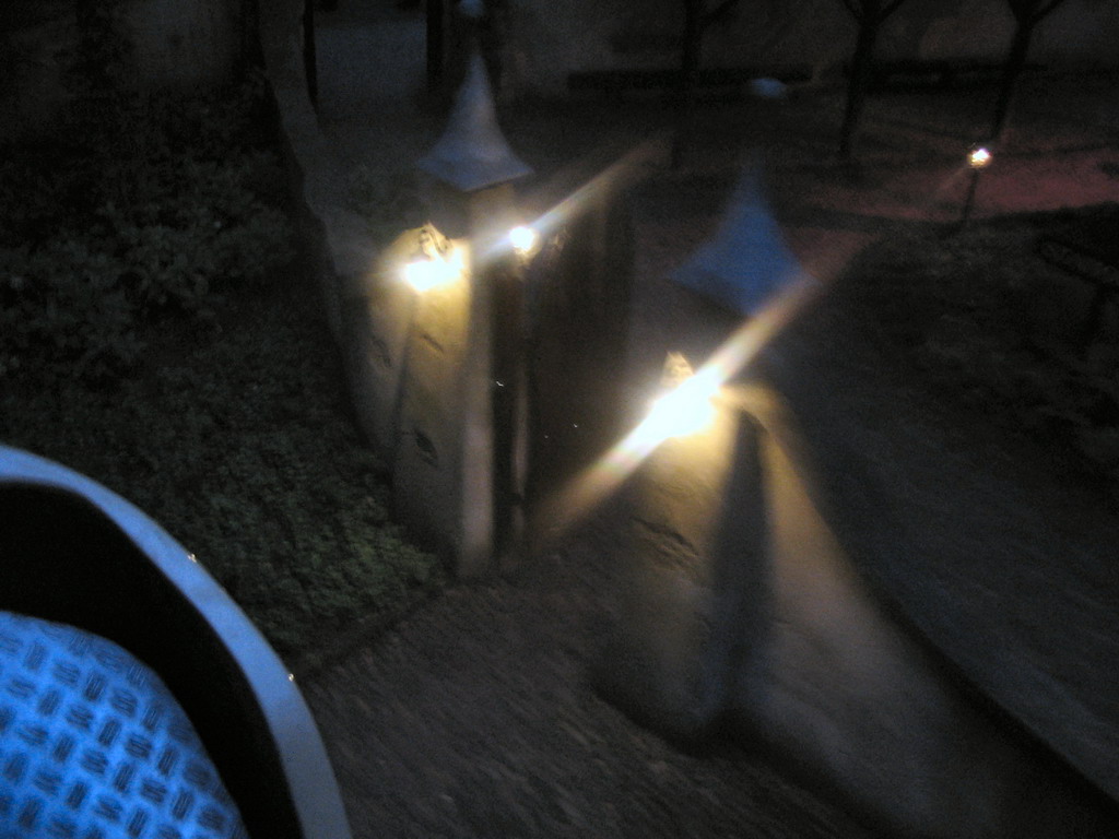 Gate at the Laafland attraction at the Marerijk kingdom, viewed from the monorail, by night