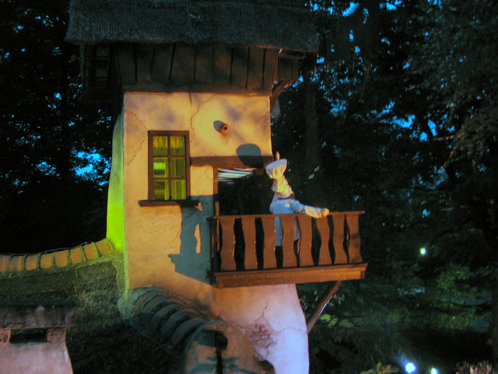 The Laafland attraction at the Marerijk kingdom, viewed from the monorail, by night