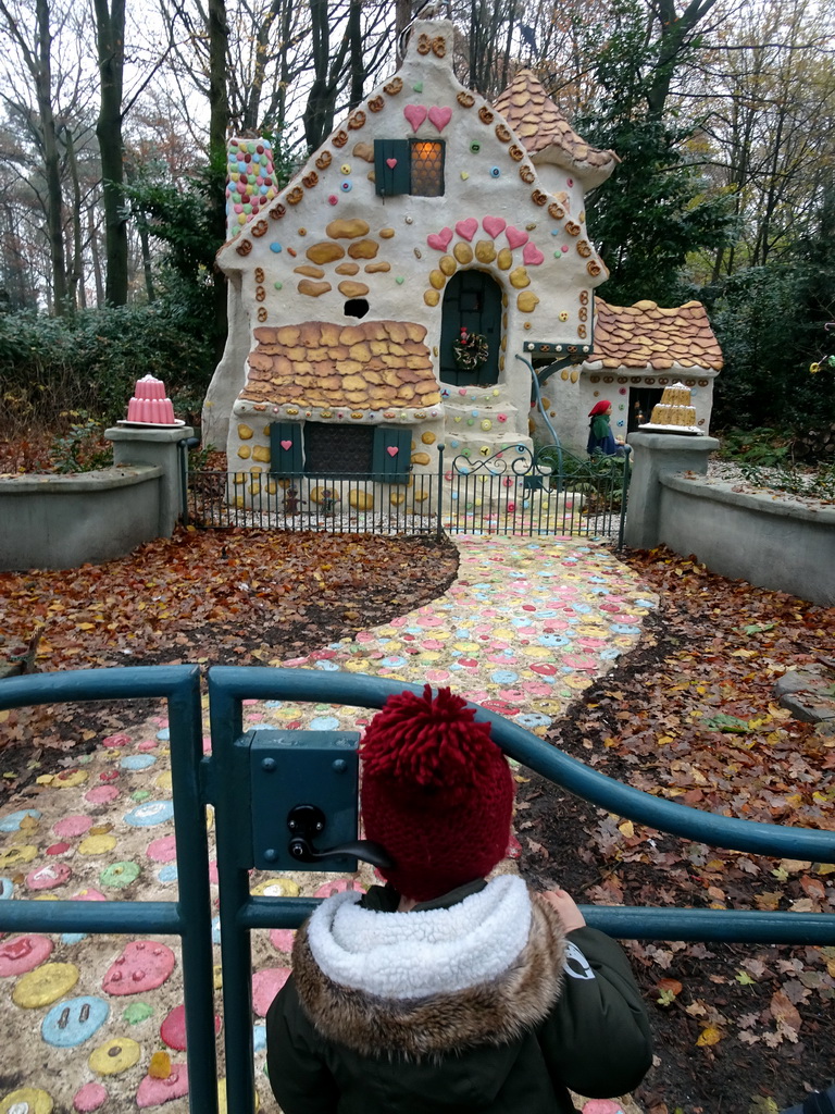 Max in front of the Hansel and Gretel attraction at the Fairytale Forest at the Marerijk kingdom, during the Winter Efteling
