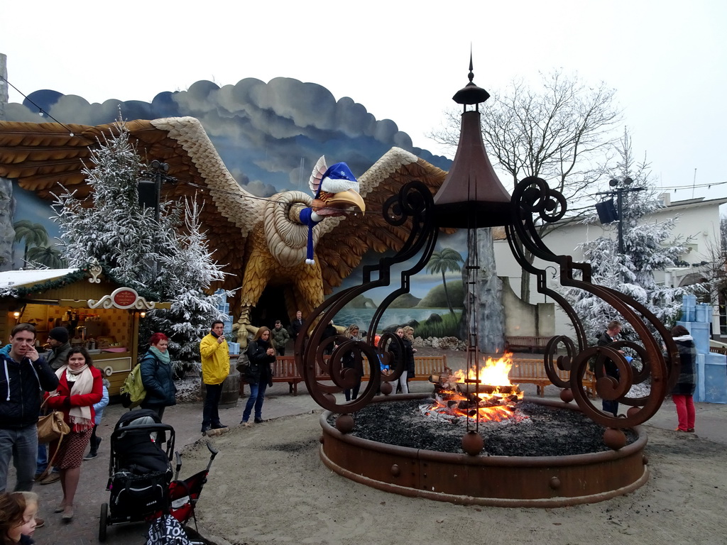 Bonfire and the front of the Vogel Rok attraction at the Carnaval Festival Square at the Reizenrijk kingdom, during the Winter Efteling