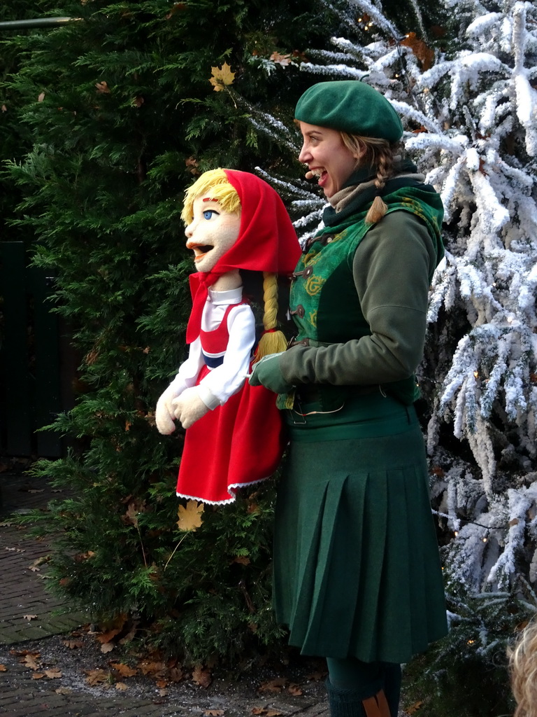 Actors with hand puppets during the Sprookjesboom Show at the Open-air Theatre at the Fairytale Forest at the Marerijk kingdom, during the Winter Efteling
