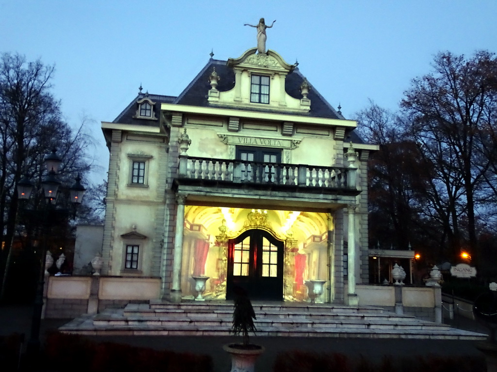 Front of the Villa Volta attraction at the Marerijk kingdom, during the Winter Illusion light show at the Winter Efteling, by night