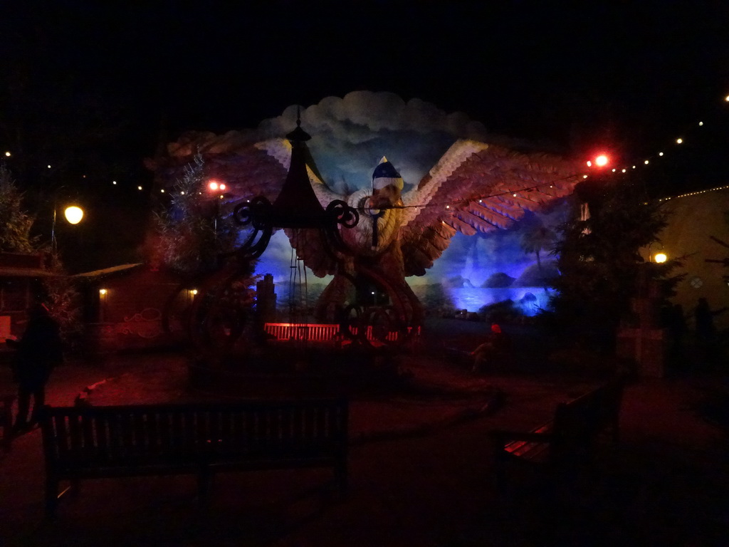 Front of the Vogel Rok attraction at the Carnaval Festival Square at the Reizenrijk kingdom, during the Winter Efteling, by night