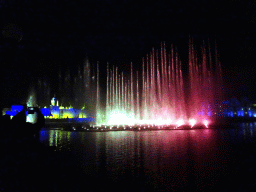 The Aquanura lake at the Fantasierijk kingdom and the Fata Morgana attraction at the Anderrijk kingdom, during the water show at the Winter Efteling, by night