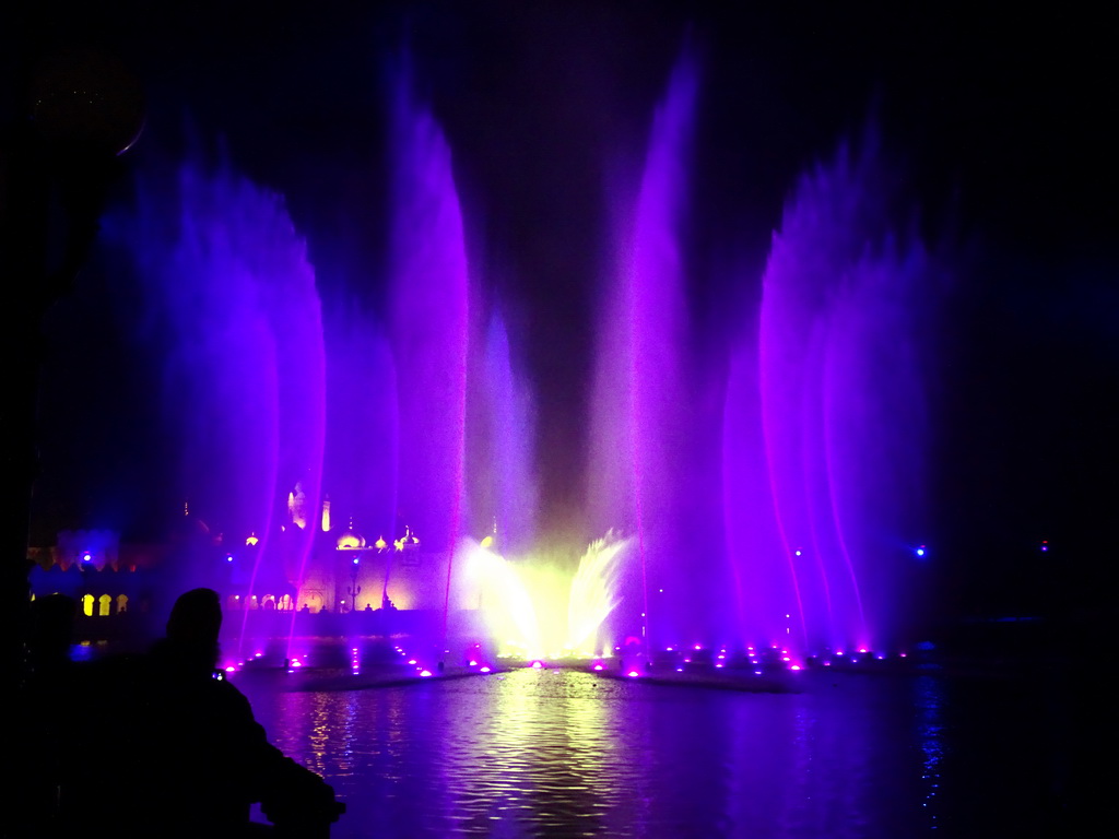 The Aquanura lake at the Fantasierijk kingdom and the Fata Morgana attraction at the Anderrijk kingdom, during the water show at the Winter Efteling, by night