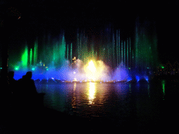 The Aquanura lake at the Fantasierijk kingdom, and the Fata Morgana attraction and the Efteling Theatre at the Anderrijk kingdom, during the water show at the Winter Efteling, by night