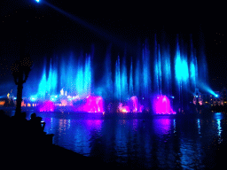 The Aquanura lake at the Fantasierijk kingdom, and the Fata Morgana attraction and the Efteling Theatre at the Anderrijk kingdom, during the water show at the Winter Efteling, by night