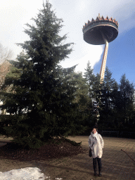 Miaomiao in front of the Wish Tree attraction at the Fantasierijk kingdom and the Pagode attraction at the Reizenrijk kingdom, during the Winter Efteling