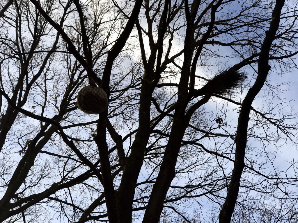 Witch`s broom in a tree at the Fairytale Forest at the Marerijk kingdom, during the Winter Efteling