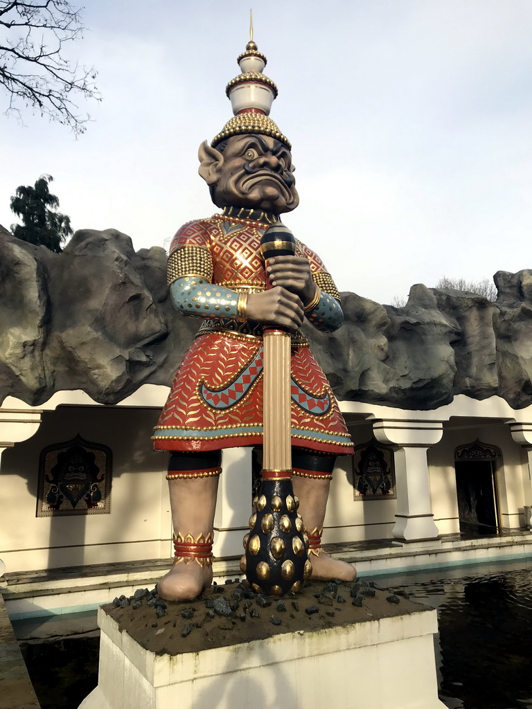 Statue in front of the Indian Water Lilies attraction at the Fairytale Forest at the Marerijk kingdom, during the Winter Efteling
