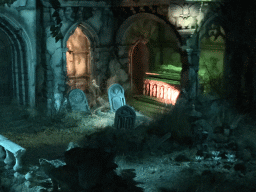 Tombstones and tomb in the Spookslot attraction at the Anderrijk kingdom, during the Winter Efteling