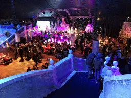 Actors and visitors during the `Fire Prince and Snow Princess` show at the IJspaleis attraction at the Reizenrijk kingdom, viewed from the upper floor, during the Winter Efteling