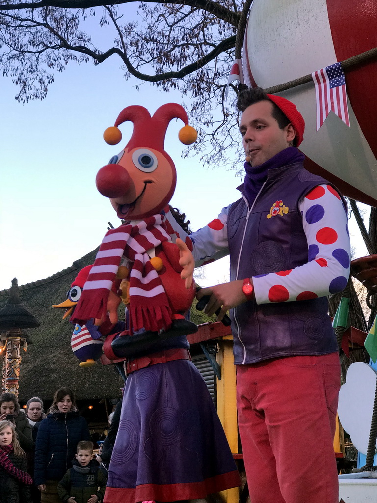 Actors and hand puppets at the Jokie and Jet attraction at the Carnaval Festival Square at the Reizenrijk kingdom, during the Winter Efteling