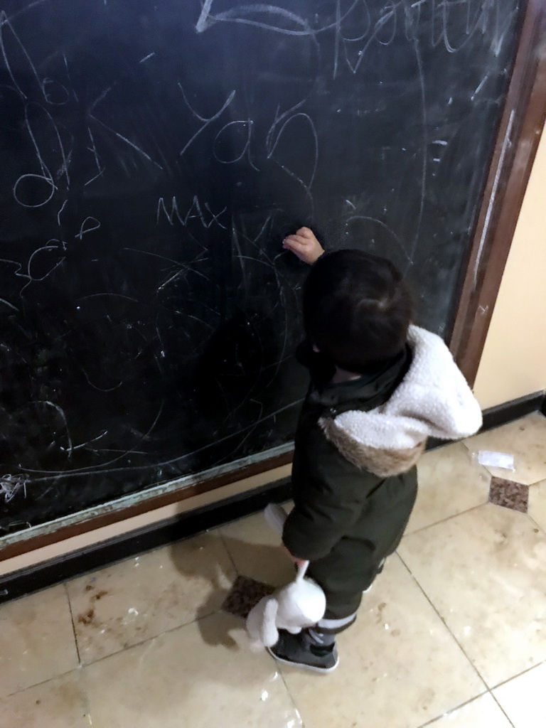 Max writing on the wall at the Panorama Restaurant at the Reizenrijk kingdom, during the Winter Efteling