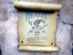 Sign at Geppetto`s House at the Pinocchio attraction at the Fairytale Forest at the Marerijk kingdom, during the Winter Efteling