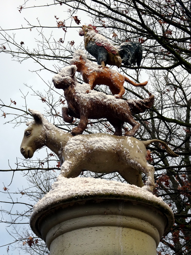 The Town Musicians of Bremen fountain at the Anton Pieck Plein square at the Marerijk kingdom, during the Winter Efteling