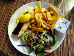 Salmon and fries at the Panorama Restaurant at the Reizenrijk kingdom, during the Winter Efteling