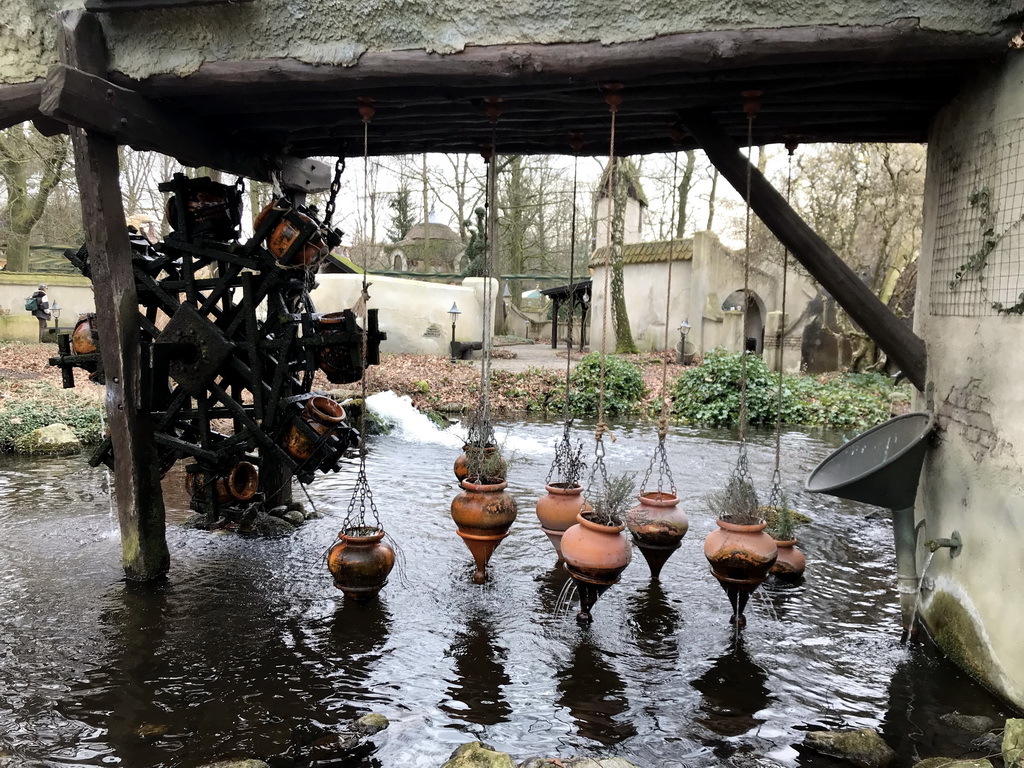 Water wheel at the Lal`s Brouwhuys building at the Laafland attraction at the Marerijk kingdom