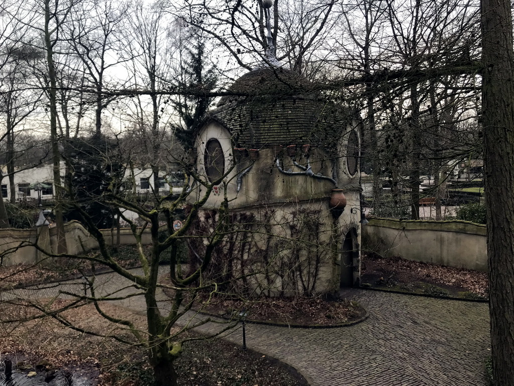 The Lot`s Kraamhuys building at the Laafland attraction at the Marerijk kingdom, viewed from the monorail