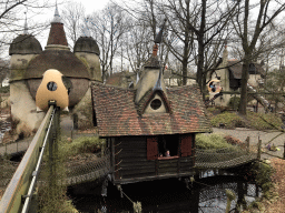 The Lijn`s Zweefhuys, Lavelhuys and Glijhuys buildings at the Laafland attraction at the Marerijk kingdom, viewed from the monorail