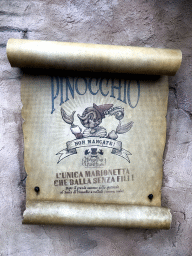 Poster at Geppetto`s House at the Pinocchio attraction at the Fairytale Forest at the Marerijk kingdom